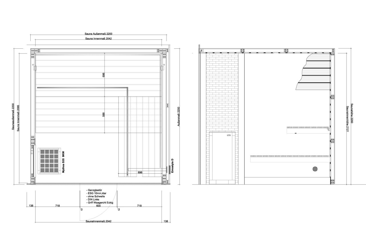 Designsauna kaufen Zeichnung Grundriss der Sauna